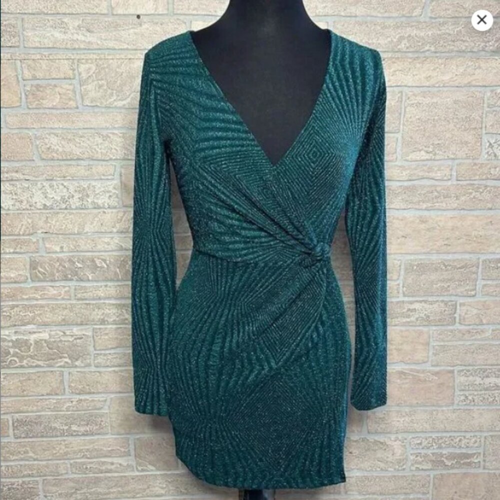 Mi Ami Dark Green Wrap Dress Sparkly Size Small Fall Wedding Guest Dress
